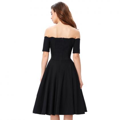 Black Scalloped Off-The-Shoulder Knee Length Ruffled Skater Dress ...