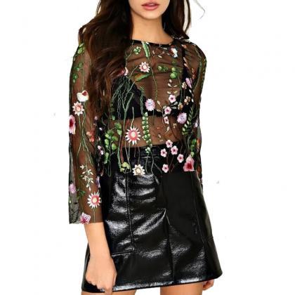 Long Sleeve Floral Embroidered Lace Top