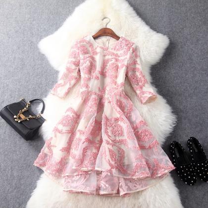 Scoop Lace Bodice Ruffle Chiffon Asymmetrical Dress Pearl Pink main image 1