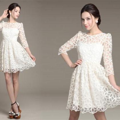 Elegant White Long Sleeve Lace Party Dress