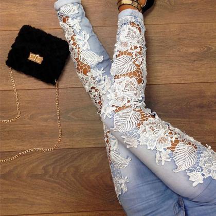 Sexy Denim Pants With Lace Detail