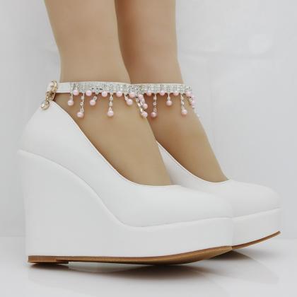 Pearl Beaded Ankle Strap Wedge Shoe..