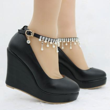 Pearl Beaded Ankle Strap Wedge Shoe..