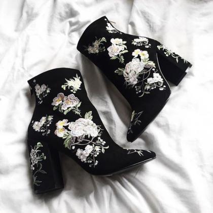 Floral Embroidered Black Suede Pointed Toe Ankle..