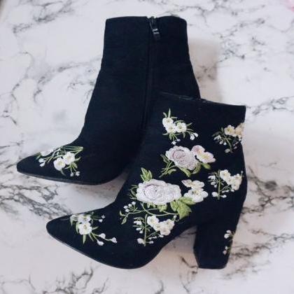 Floral Embroidered Black Suede Pointed Toe Ankle..