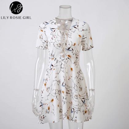 White Sexy Deep V-neck Floral Summer Mini Dress