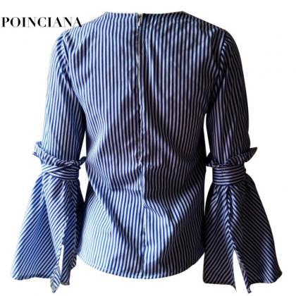 Beautiful Striped Fashion Bow Long Sleeve Blouse..