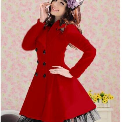 Classy Double Button Winter Coat In Red And Black