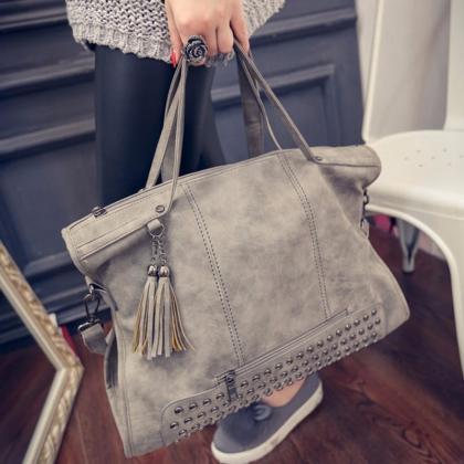 Classy Rivet Leather Hand Bag In Grey And Black