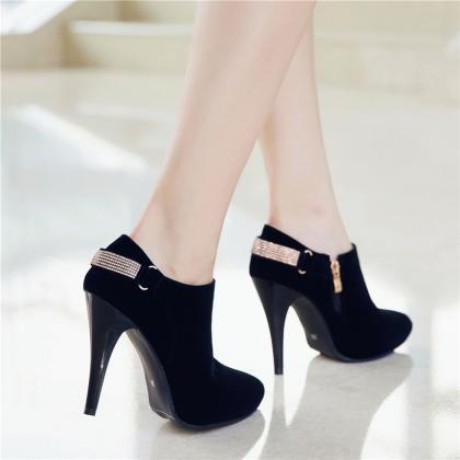 Classy Suede Crystal Rivet High Heels Ankle Boots