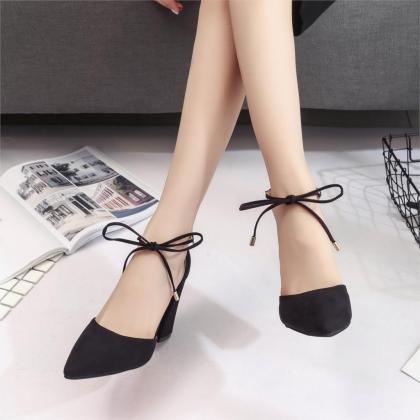 Cute Lace Up Summer Suede High Heels Pointed Toe..