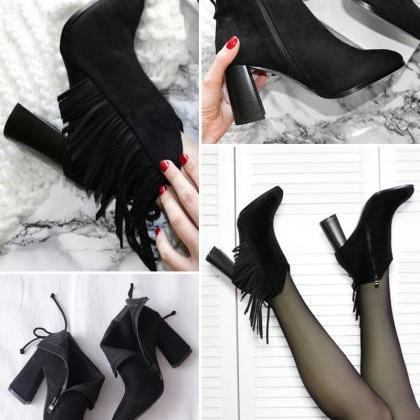 Stylish Black Tassel High Heels Ankles Boots