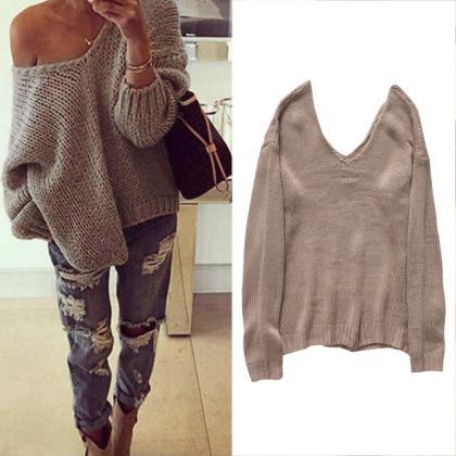 V Neck Loose Knitted Cardigan Outwear Long Sleeve..