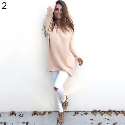 Loose Casual V Neck Long Sleeve Pullover
