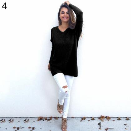 Loose Casual V Neck Long Sleeve Pullover