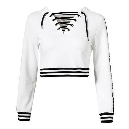 Casual Ladies Lace Up Long Sleeve White Top