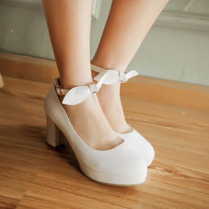 White Bow Knot Ankle Strap High Heels Fashion..