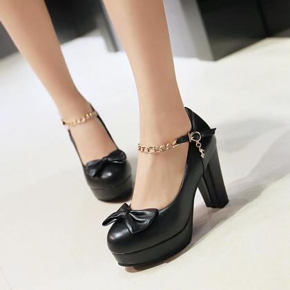 Elegant Bow Chain Ankle Strap High Heels Fashion..