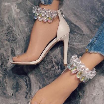Peep Toe Ankle Strap Diamond High Heels Sandals