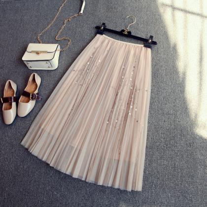 Elegant Pleated Elastic Waist Summer Maxi Skirt