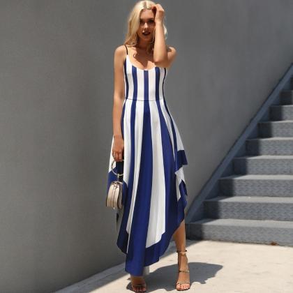 Elegant Blue And White Striped Asymmetrical Hem..