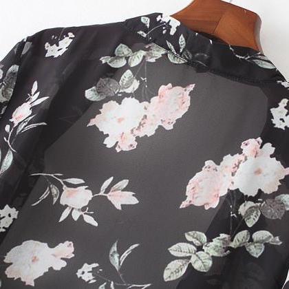 Full Sleeve Black Floral Printed Kimono Cardigan