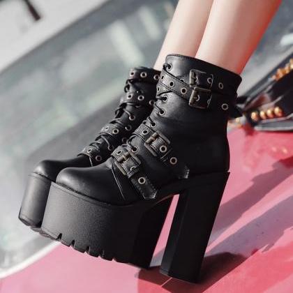 Leather Rivet Platform Black Ankle Boots