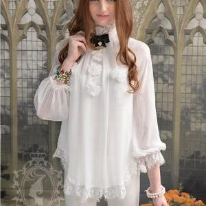 Chic White Stand Collar Long Sleeve Lace Blouse