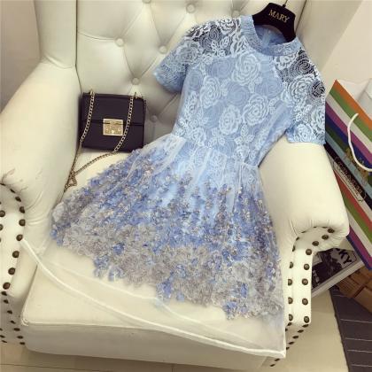 Beautiful Lace Organza Party Blue Dress