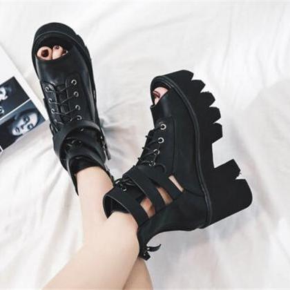 Peep Toe Black Lace Up High Heels Sandals