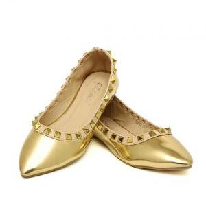 Pointed-toe Metallic Flats With Rivet Detailing