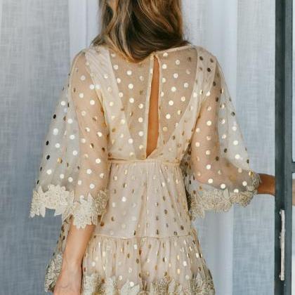 Gorgeous Summer Polka Dots V Neck Gold Lace Dress