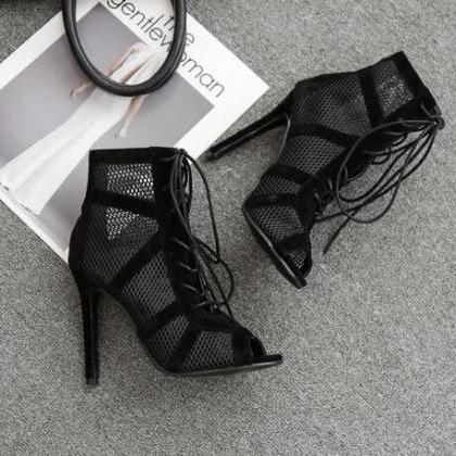 Black Suede Lace Up Peep Toe Fashion Sandals