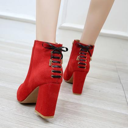 Lace Up Autumn And Winter Pu Leather Ankle Boots