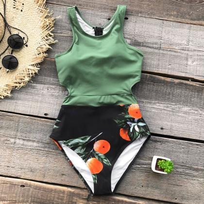 Green One Piece Cut Out Printed Swimsuit