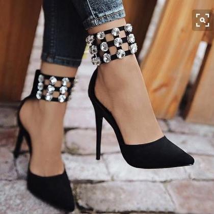 Black Pointed Toe Crystals Ankle Strap Pumps