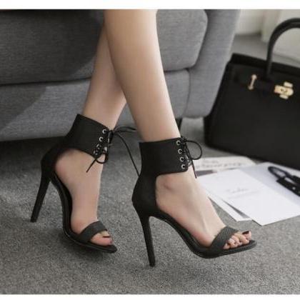 Sexy Lace Up High Heels Peep Toe Sandals In Black..