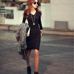 v neck long sleeve dress black