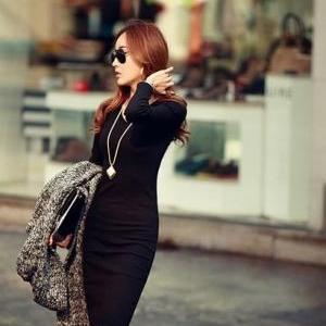 v neck long sleeve dress black