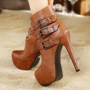 Sexy Brown Rivets Design High Heel Ankle Boots