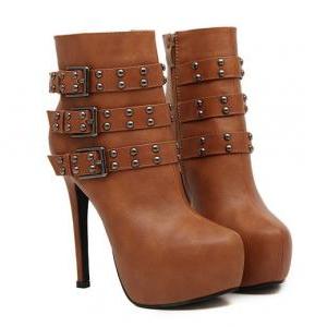 Sexy Brown Rivets Design High Heel Ankle Boots