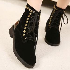 Black Punk Style Rivets Chunky Heel Boots