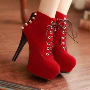 Red Suede High Heels Lace Up Ankle Boots