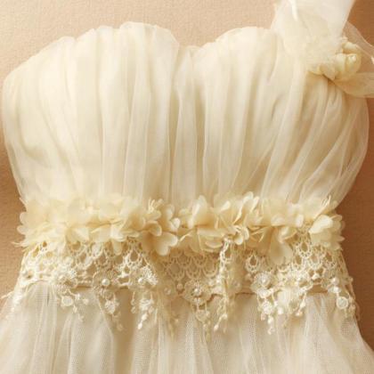 White And Apricot One Shoulder Chiffon Party Dress..