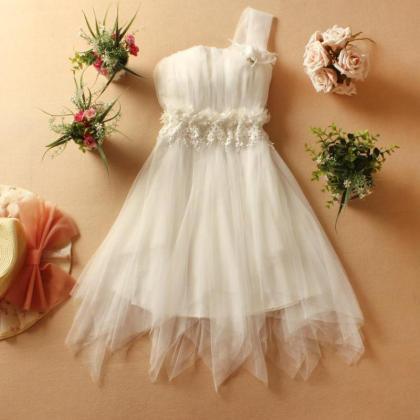 White And Apricot One Shoulder Chiffon Party Dress..