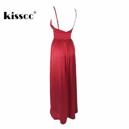 Sexy Red V Neck Long Dress With Slit