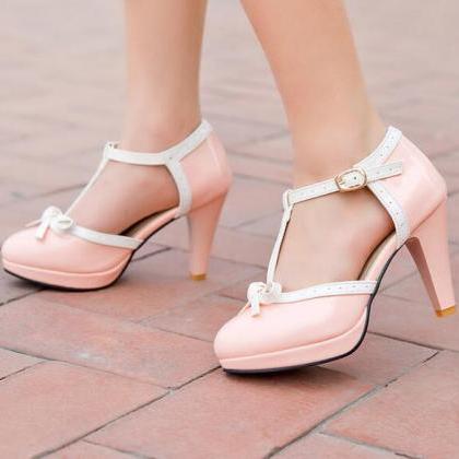Adorable Bow Knot T Strap High Heels Shoes