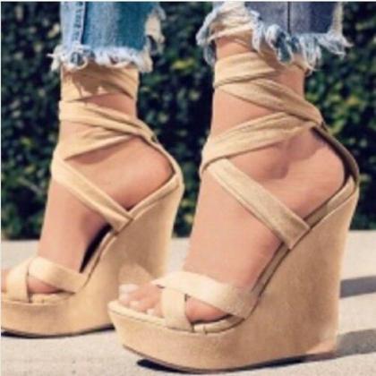 Lace Up Strappy Wedge Sandals