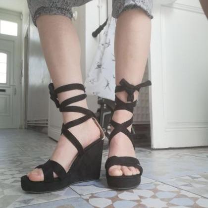 Lace Up Strappy Wedge Sandals
