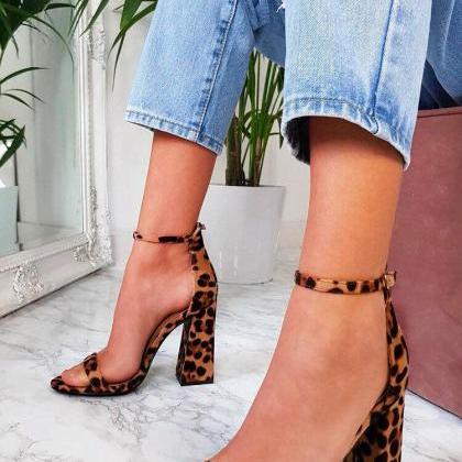 Leopard Print Peep Toe Buckle Strap High Heels..